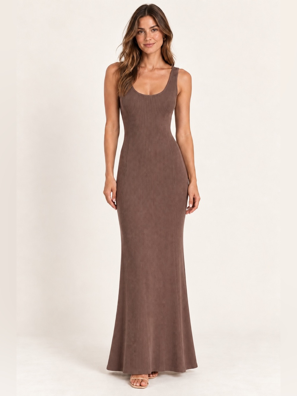 DISSH Victoria Mocha Brown Bodycon Ribbed Knit Flared Maxi Dress S